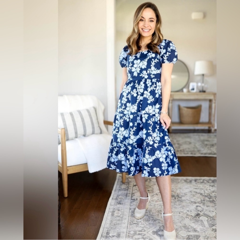 J.Crew Navy Blue and White Floral Tiered Ruffled Midi Dress Size 14